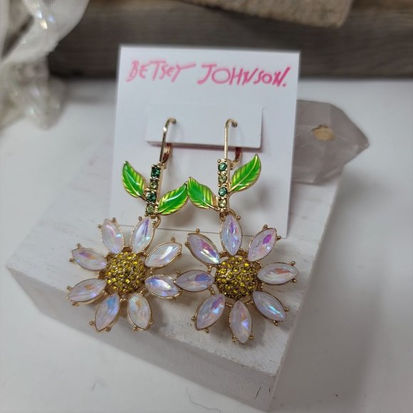Betsey Johnson Rhinestone Flower Earrings Pierced Levier Backs - Picture 5 of 8